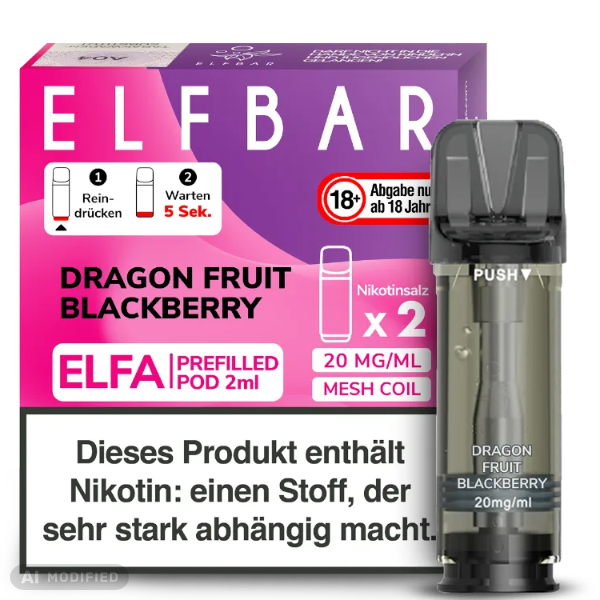 Elfbar - ELFA - 2x 2ml Prefilled Pod 20mg - Dragon Fruit Blackberry