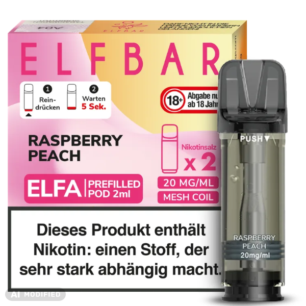 Elfbar - ELFA - 2x 2ml Prefilled Pod 20mg - Raspberry Peach